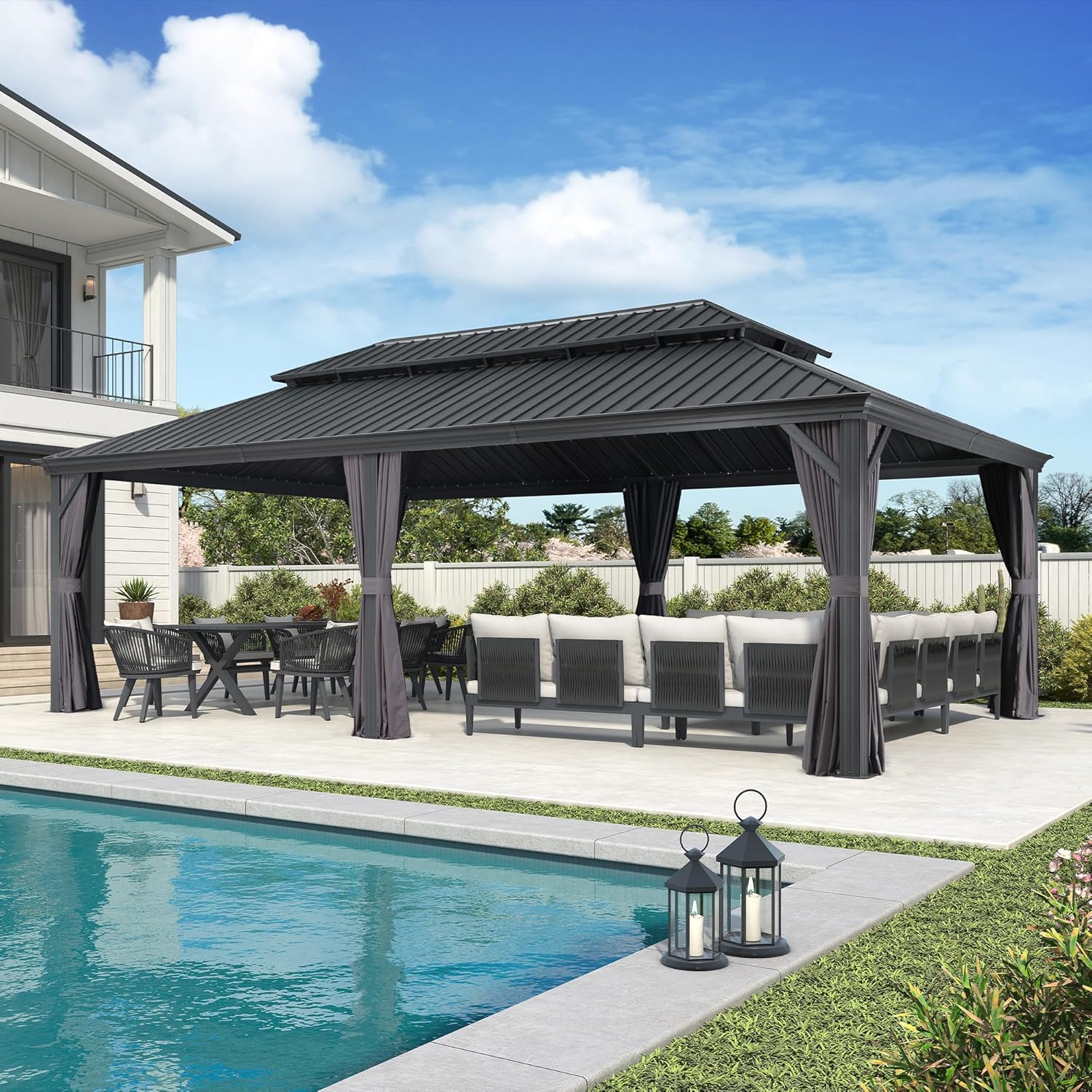 etevert - Tonnelle Jardin 7,32x4,25m - acier, rideaux, moustiquaire