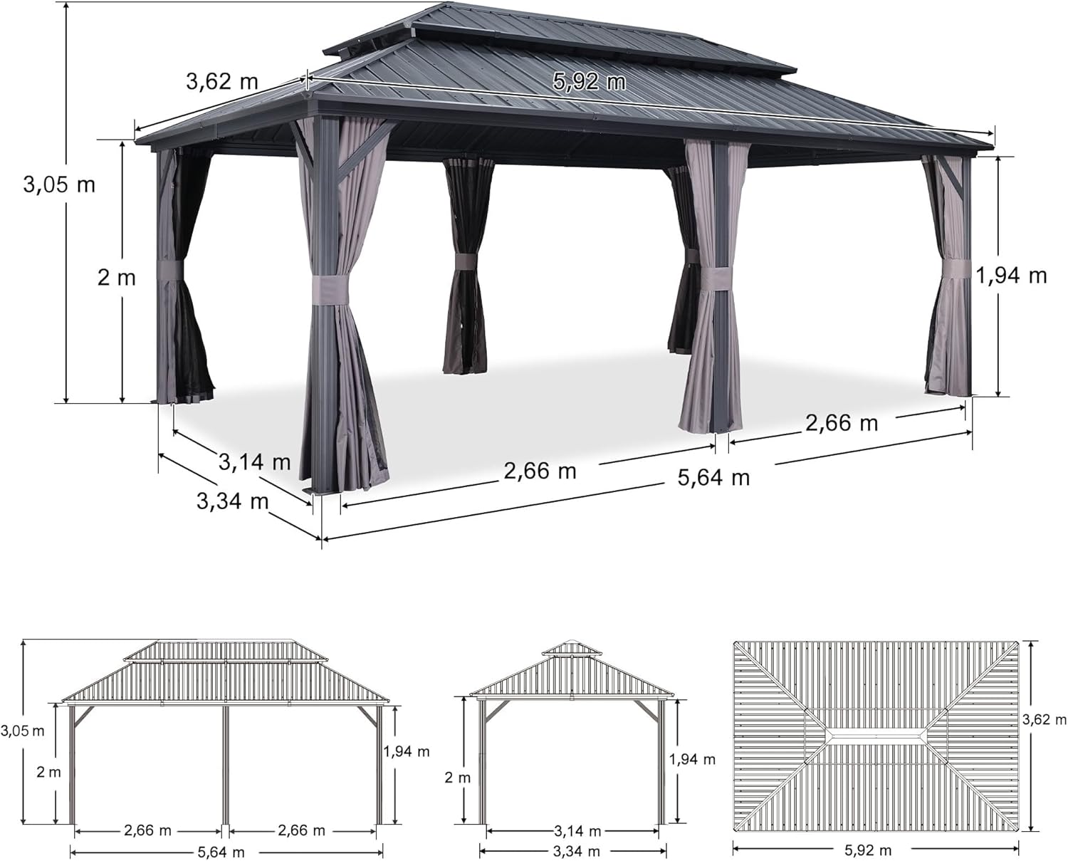 etevert - Tonnelle double toit rigide, 6 x 3,65 m, moustiquaire, aluminium, gris
