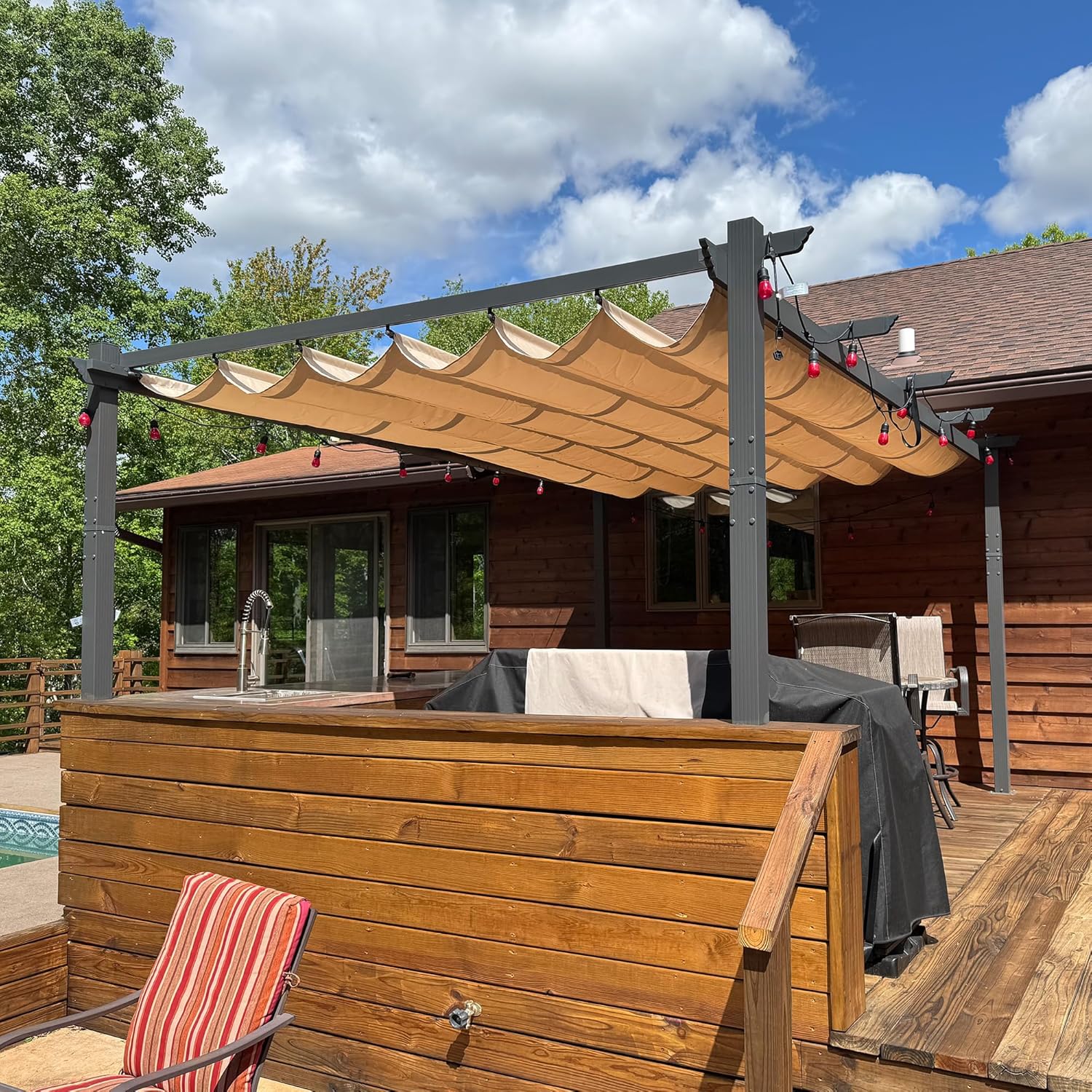 etevert - Pergola aluminium série - 4,8x3,5m - toit coulissant, tissu teint fil, kaki