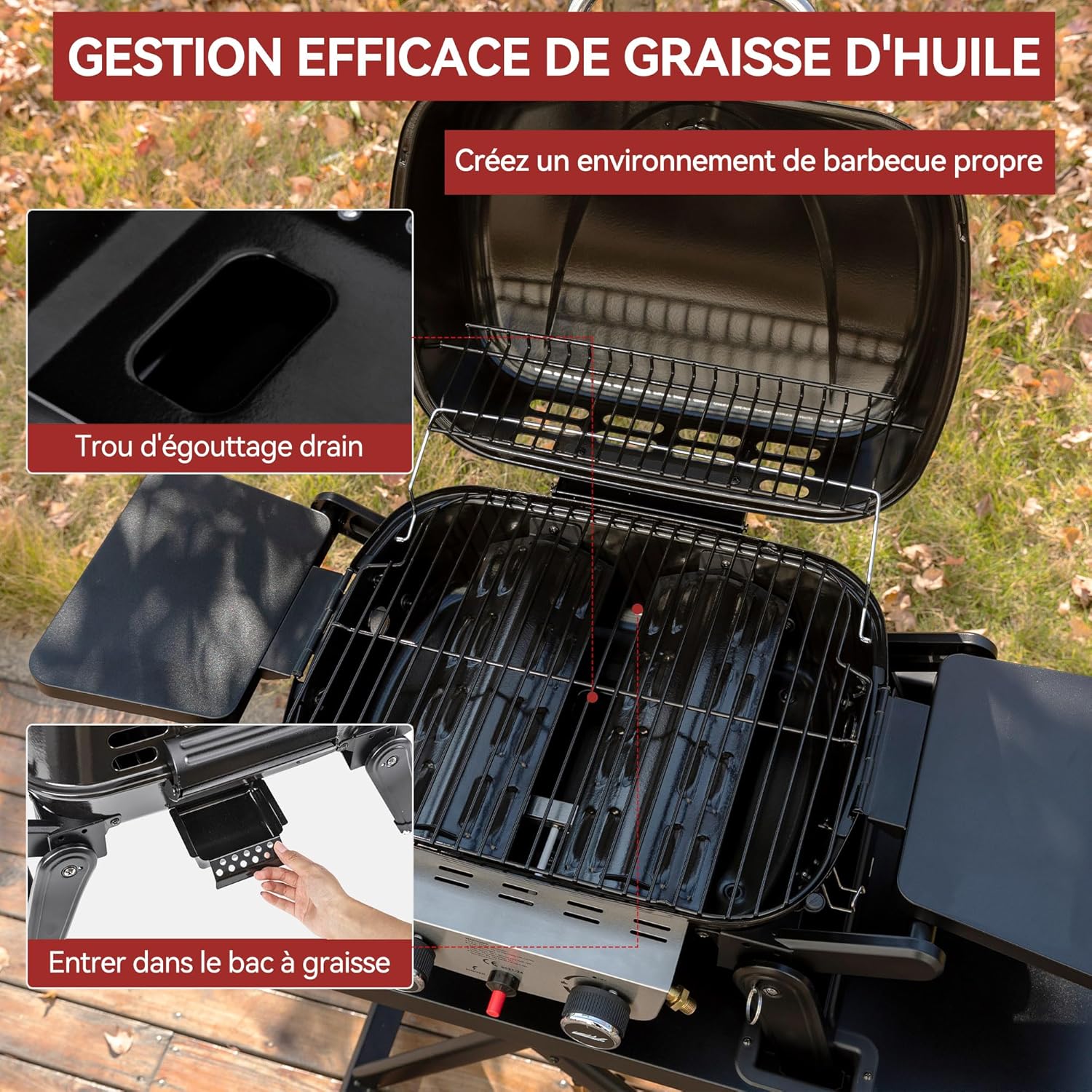 etevert - Barbecue Gaz 2 brûleurs - 48x37 cm - tables pliables, 5kW
