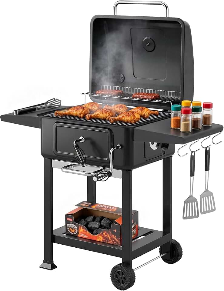 etevert - barbecue charbon réglable - grand format - chariot, tablettes, cheminée, roues, thermomètre
