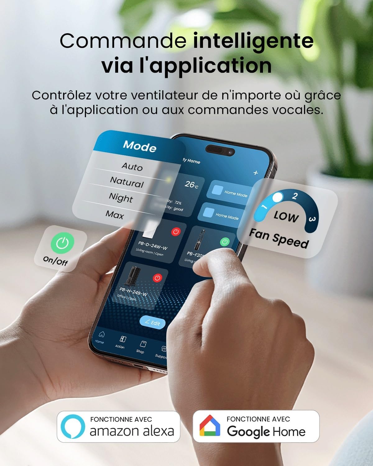 etevert - Ventilateur Tour WiFi Intelligent 101cm - Silencieux, LED, télécommande, 6 vitesses, oscillation