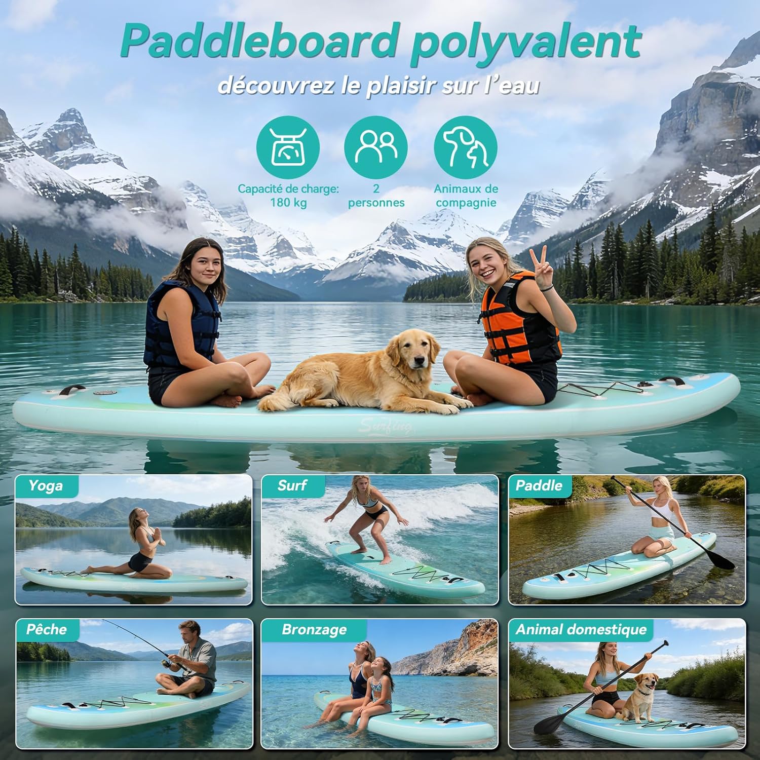 etevert - paddle gonflable adulte - 320/335cm - 2 places, siège kayak, pagaie alu, support caméra, pompe, 150 kg