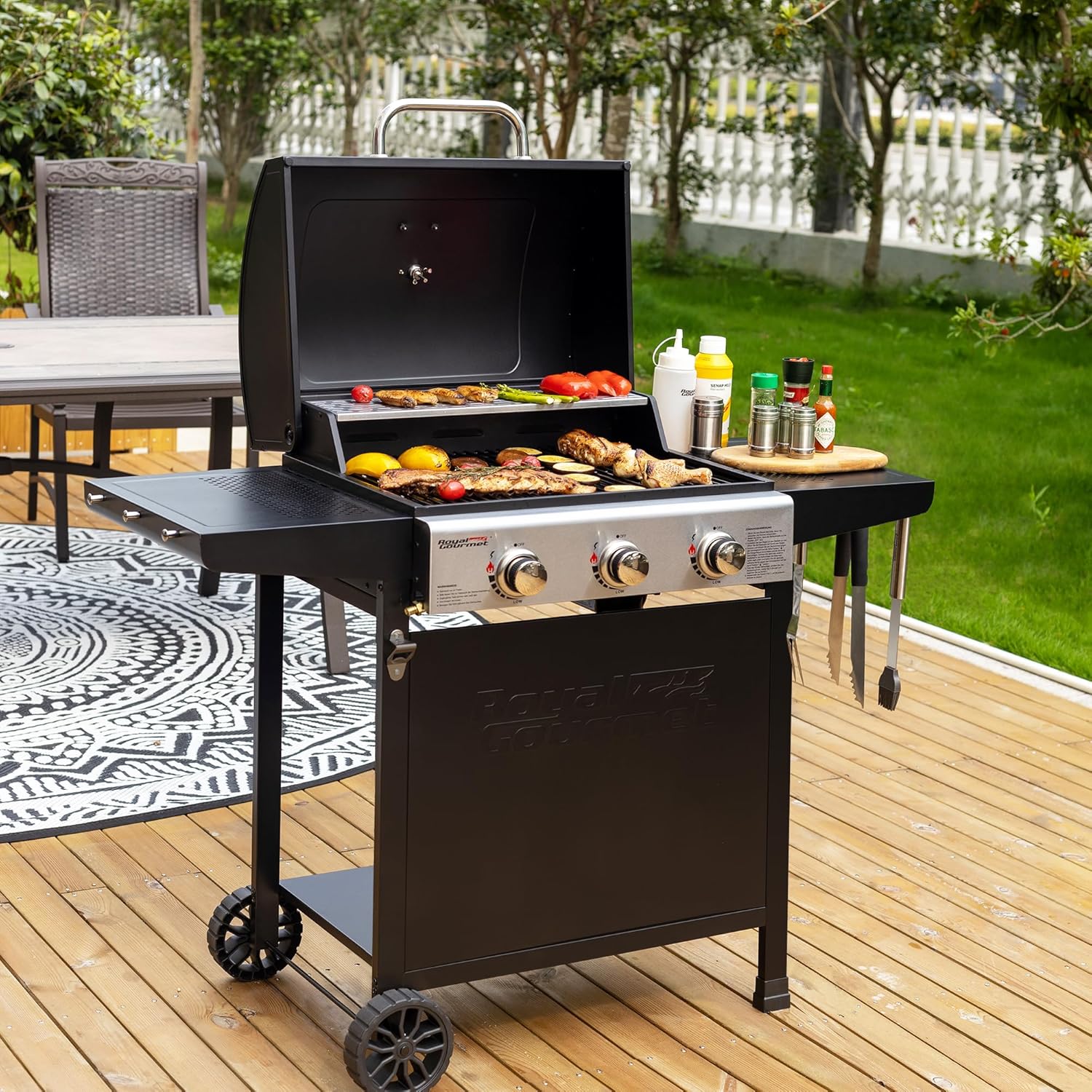 etevert – BBQ Gaz 3 brûleurs – 9kW – chariot, capot, grilles, jardin