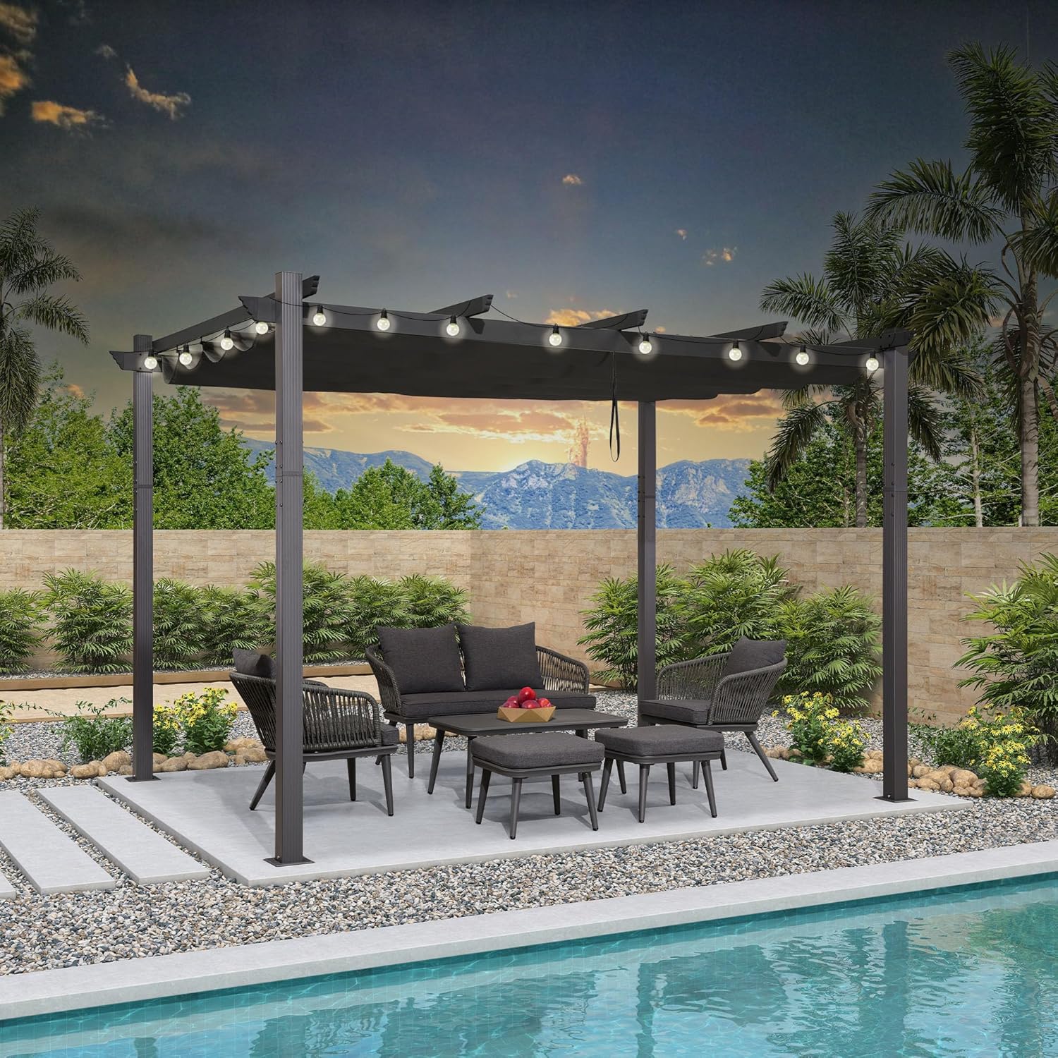 etevert - pergola aluminium - 3,65x3m - toit rétractable LED, tissu gris