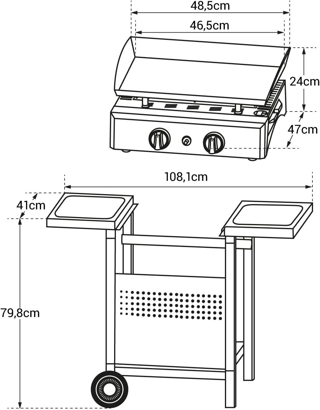 etevert - Mala série - 2 brûleurs gaz 5kW, chariot - dimensions MALA