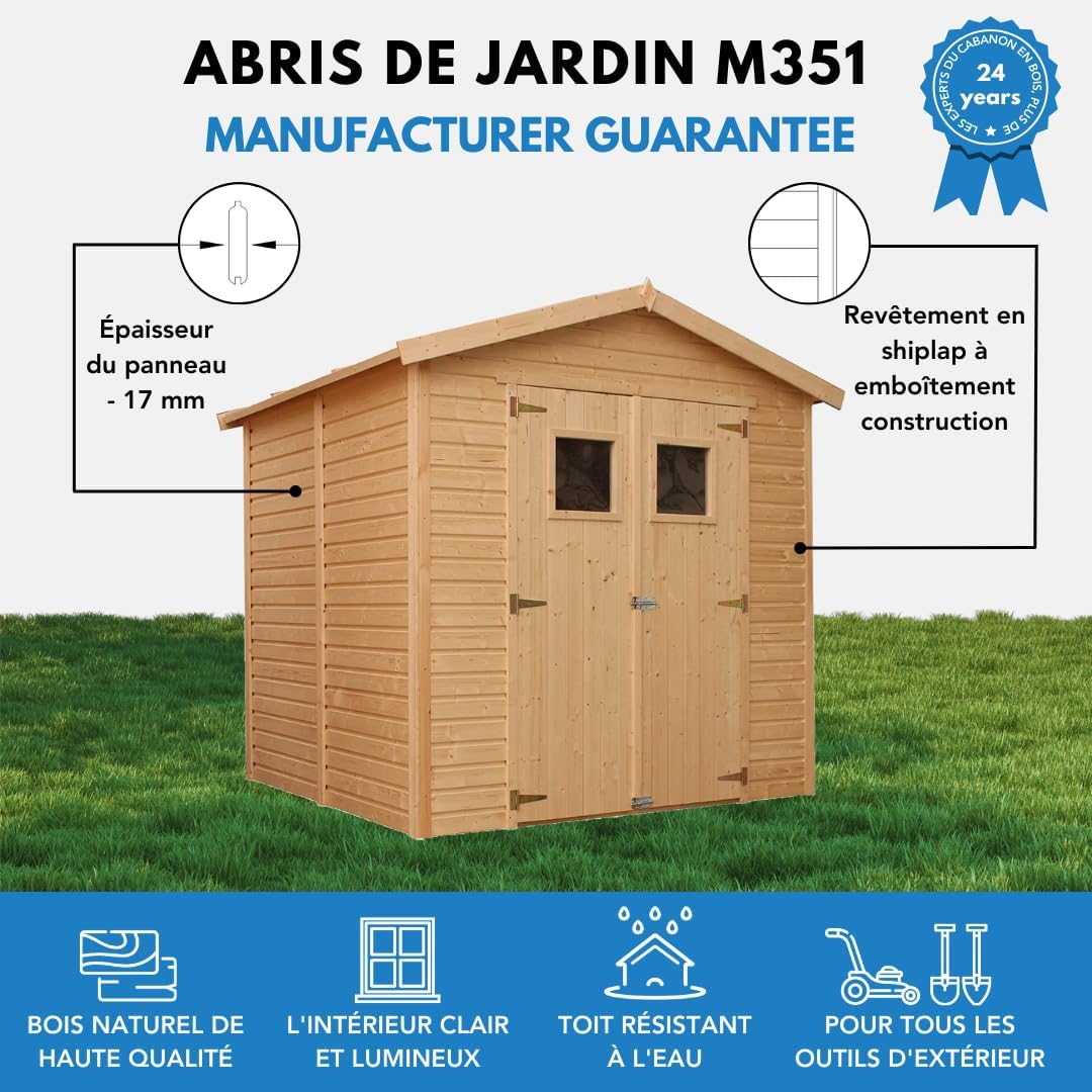 Abri de Jardin en Bois Naturel - Stockage extérieur avec fenêtres H228x222x233 cm/4,2 m² Hangar en Bois Naturel - Atelier Rangement Outils et vélos- etevert M351