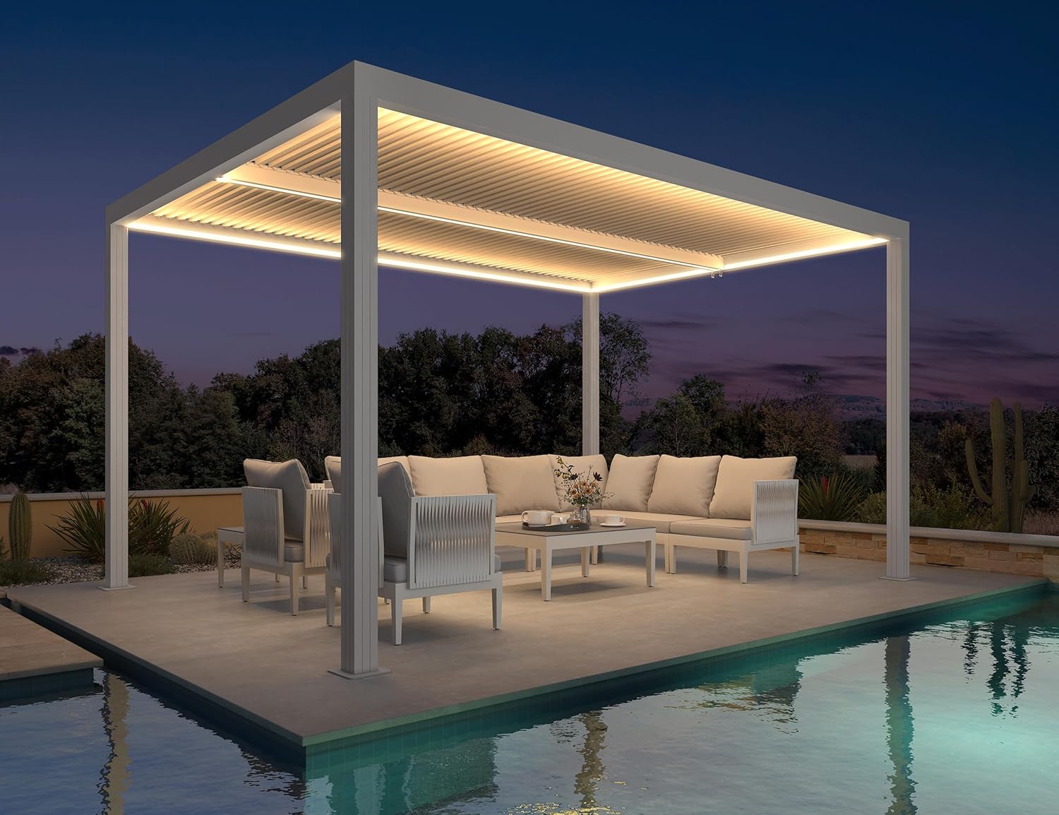 etevert - Pergola bioclimatique 4,24x3m - alu, LED, gouttières, blanc