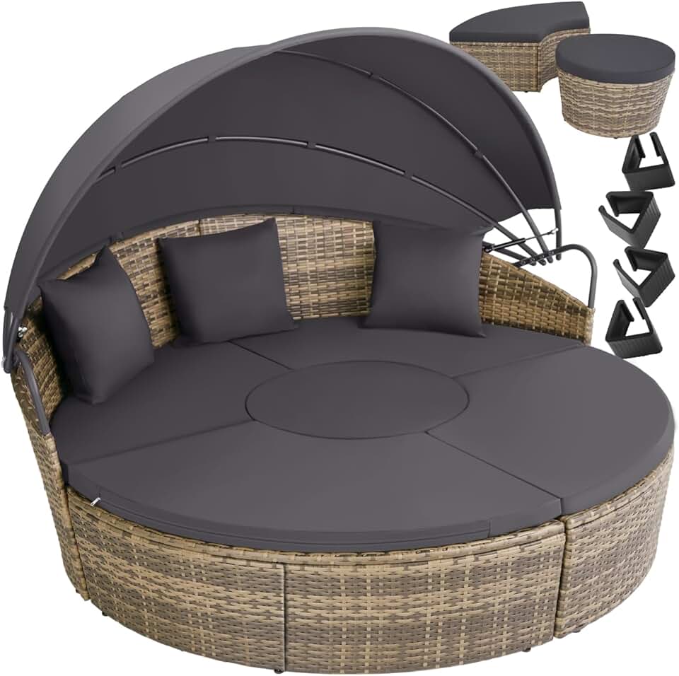 etevert - Bain de soleil modulable avec pare-soleil, coussins inclus, résine tressée, relax extérieur