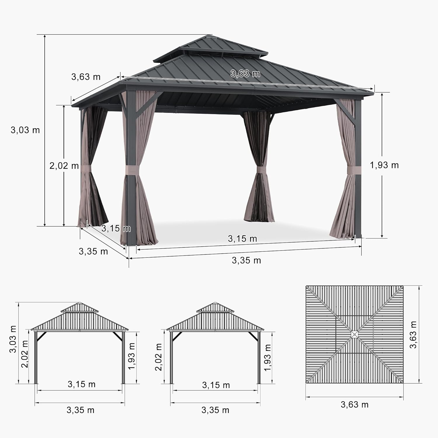 etevert Tonnelle de Jardin Extérieur 3,65 x 3,65 m avec Guirlande Lumineuse, Pavillon Aluminium à Double Toit en Acier Galvanisé, Pergola Jardin Extérieur avec Rideaux pour Fête, Barbecue, Gris