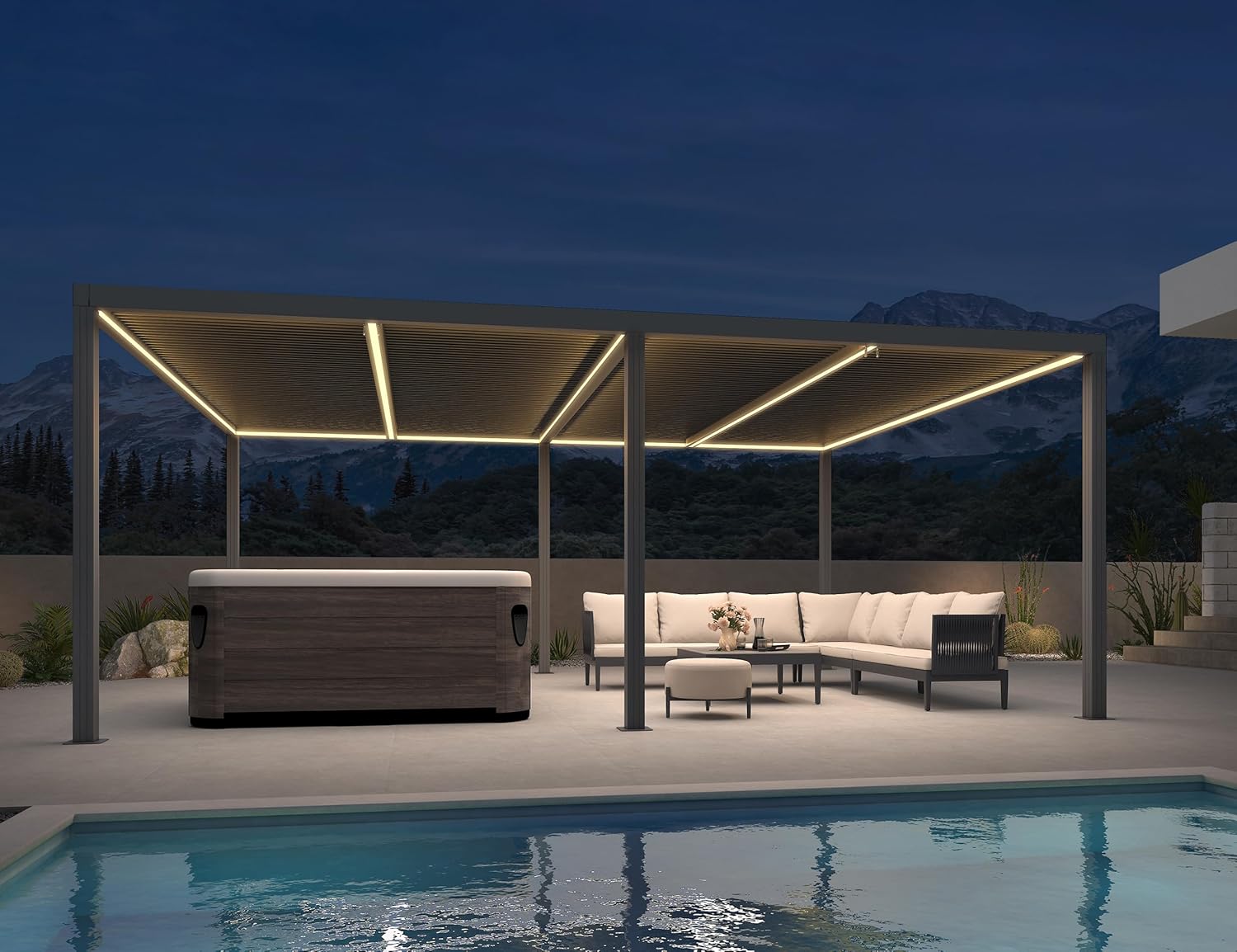 etevert - Pergola bioclimatique - 6 x 3,68 m - alu, LED, gouttières, gris