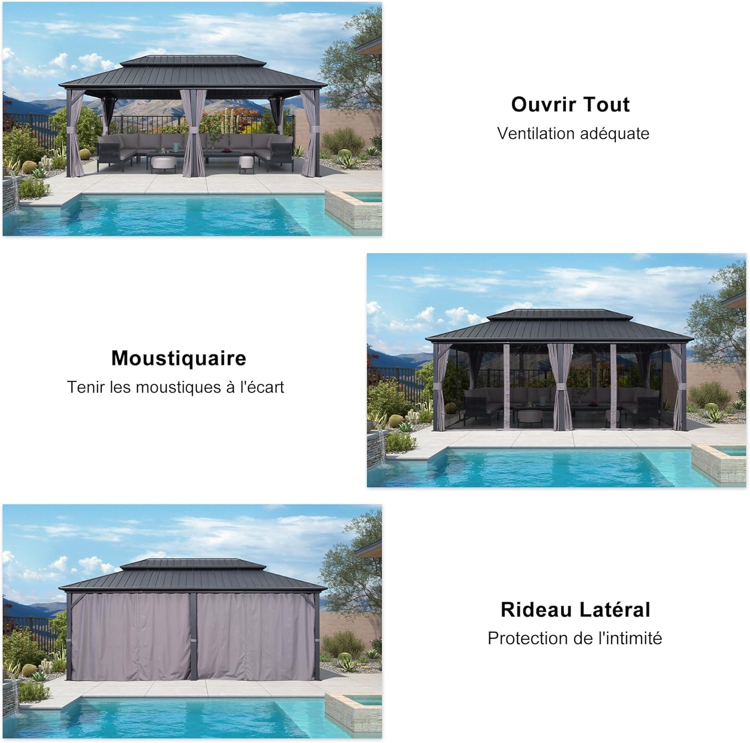 etevert - Tonnelle double toit rigide, 6 x 3,65 m, moustiquaire, aluminium, gris