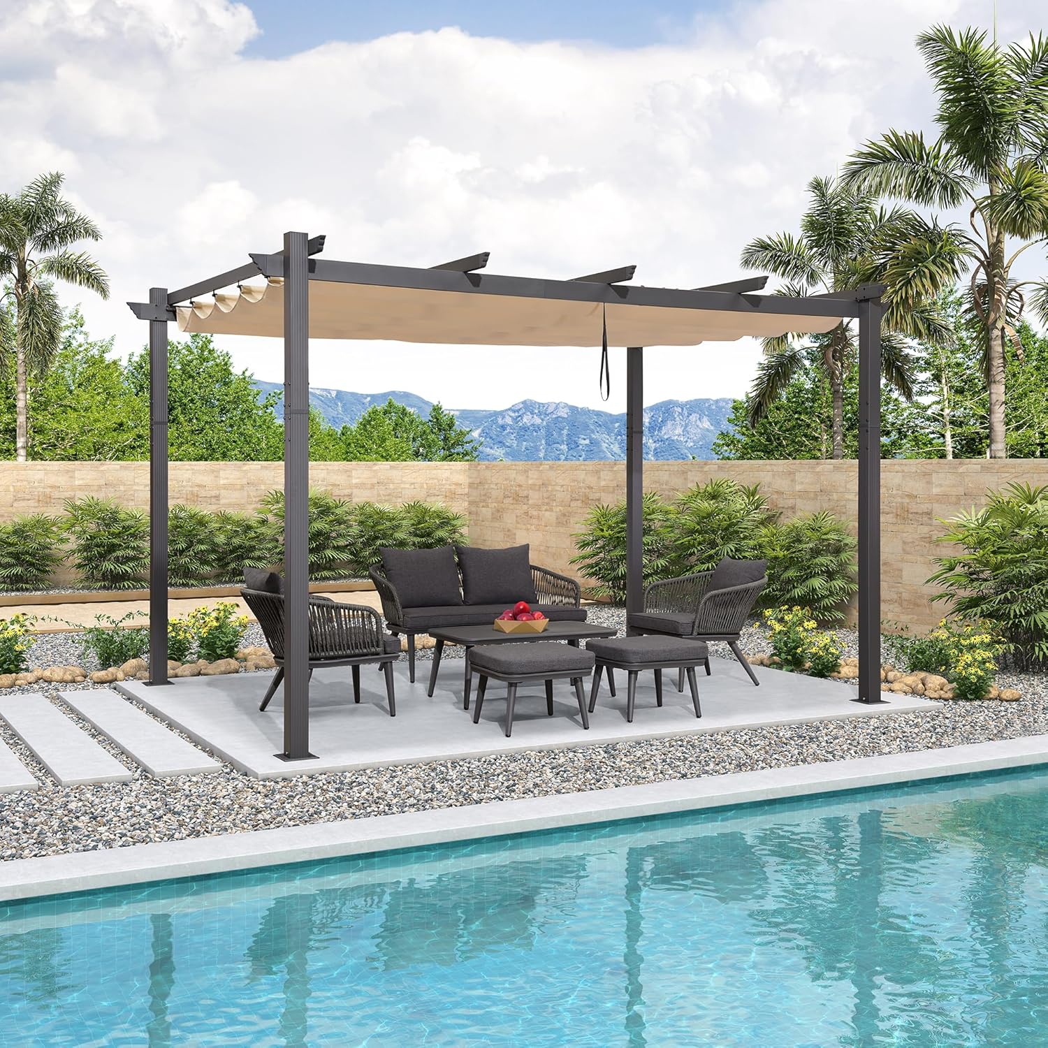 etevert - Pergola Aluminium - 4x3m - Toit coulissant, tissu kaki