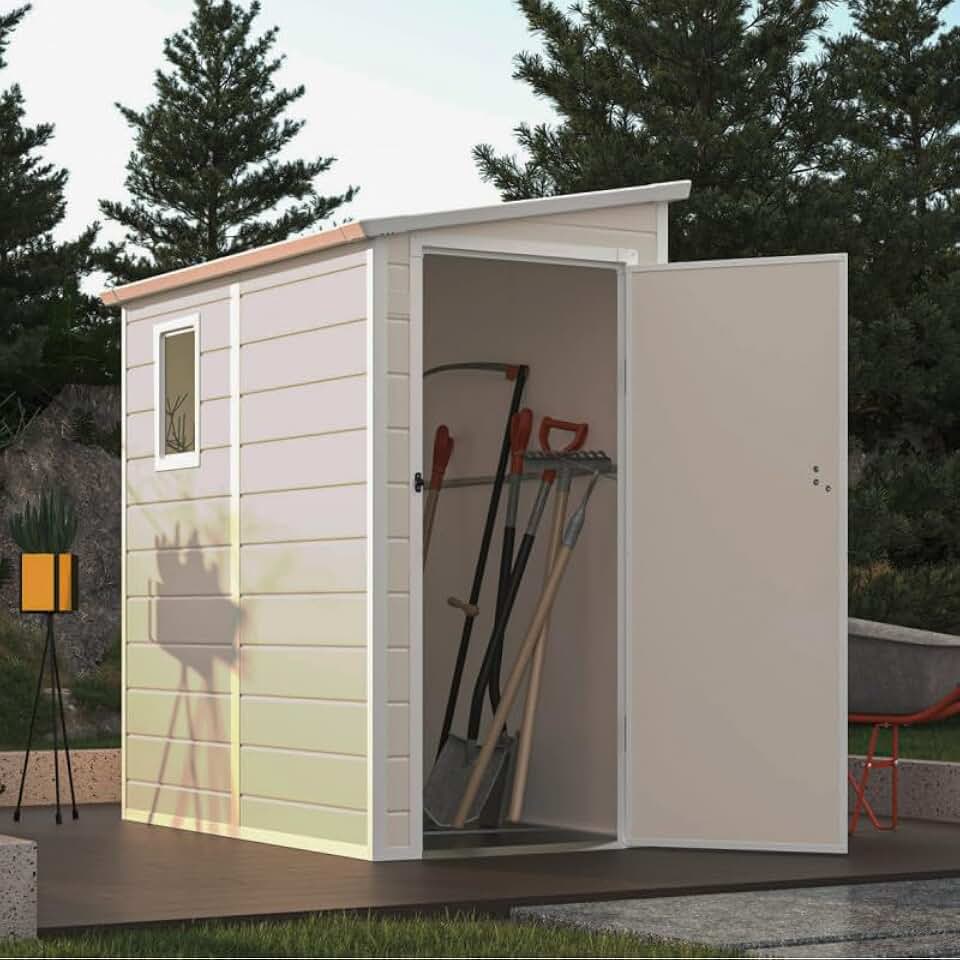 etevert Abri de Jardin Adossé en Résine Beige 2,09m² | Rangement Extérieur avec Fenêtre et Aération | Kit de Fondation Inclus | Structure Acier Galvanisé