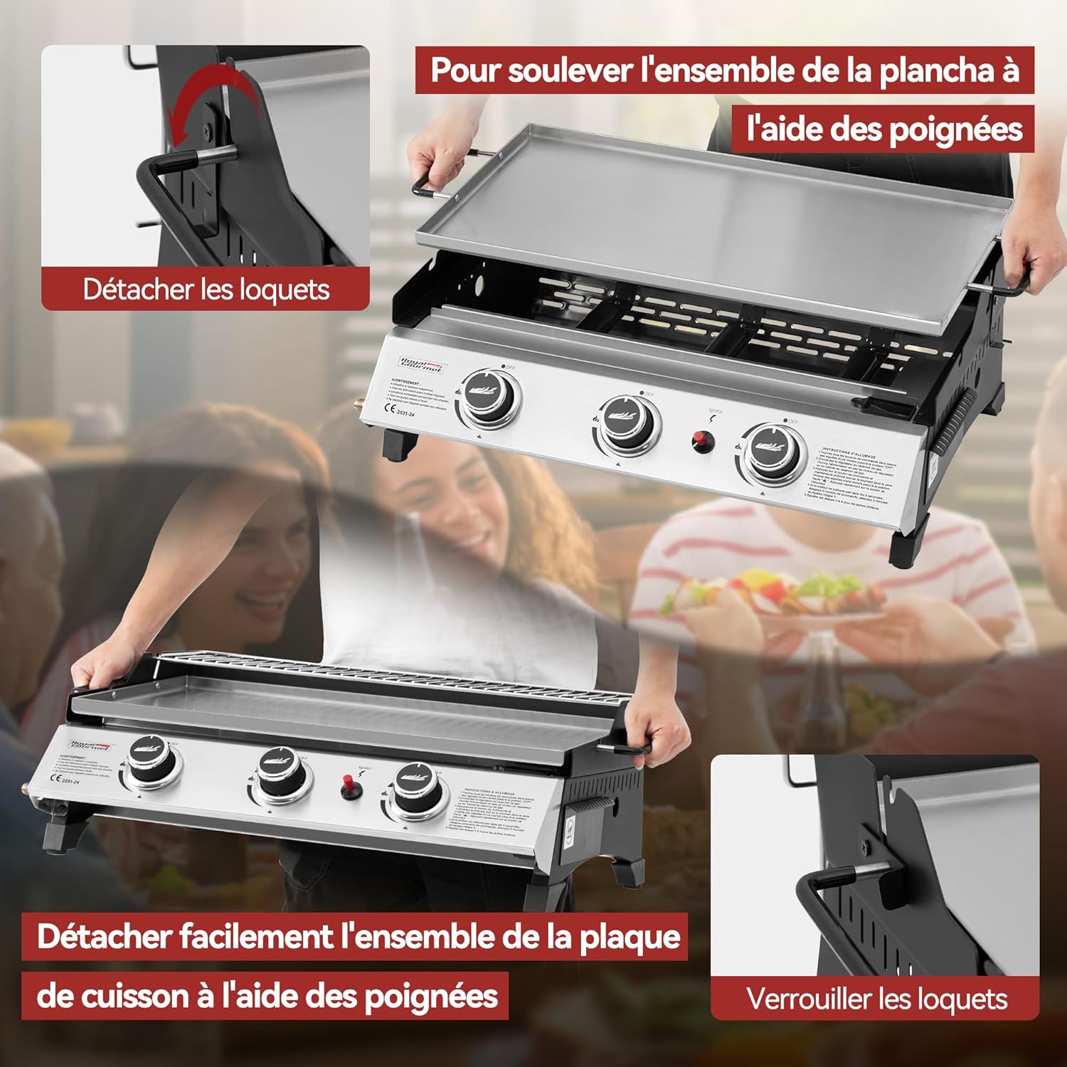 etevert - Plancha gaz inox 3 brûleurs 61,5x32cm, 7,5kW, usage extérieur