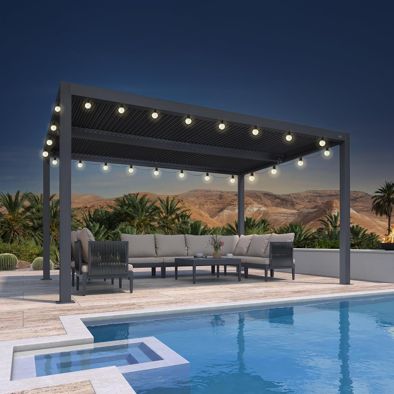 etevert - Pergola bioclimatique 4,24x3m, aluminium, lames orientables, éclairage extérieur, 12,72m², Gris