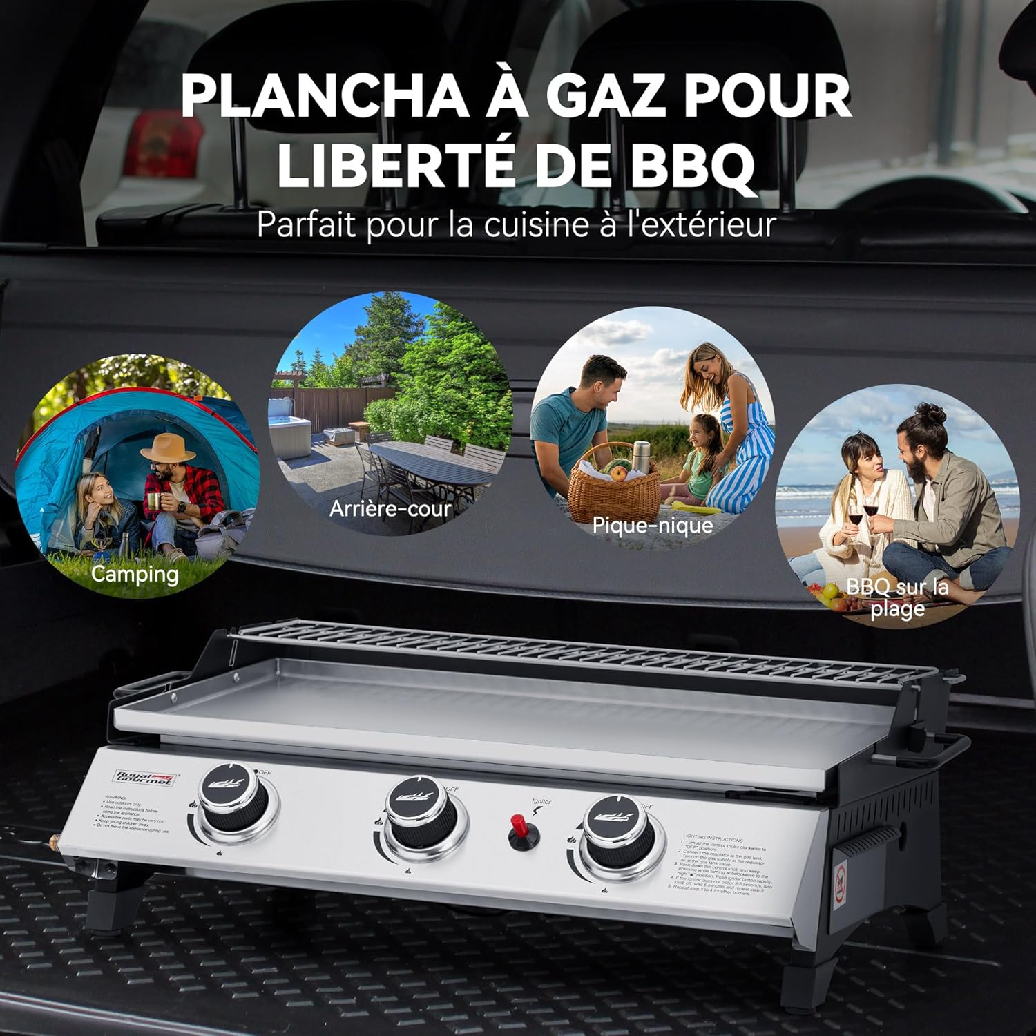 etevert - Plancha gaz inox 3 brûleurs 61,5x32cm, 7,5kW, usage extérieur
