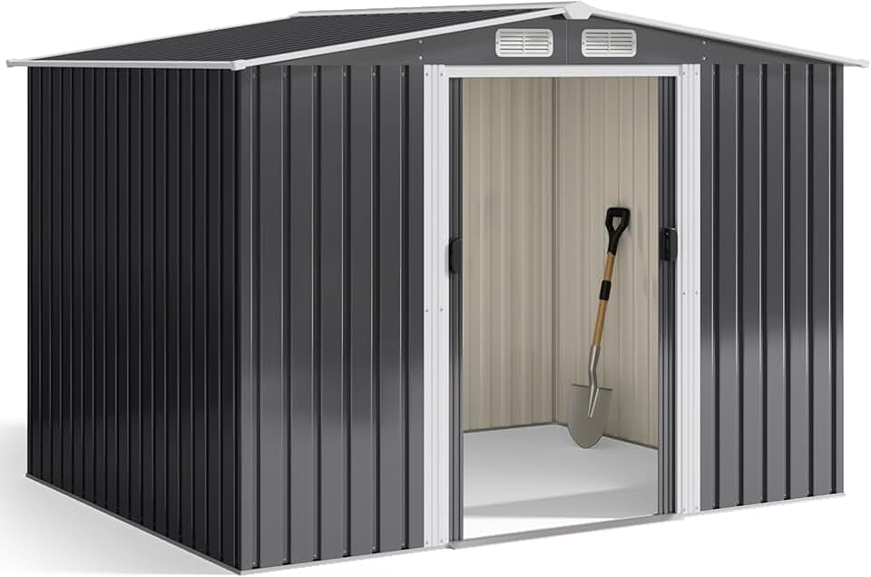 etevert - abri à outils métal série inclinée - 247x193x179 cm - porte coulissante, serrure, gants inclus
