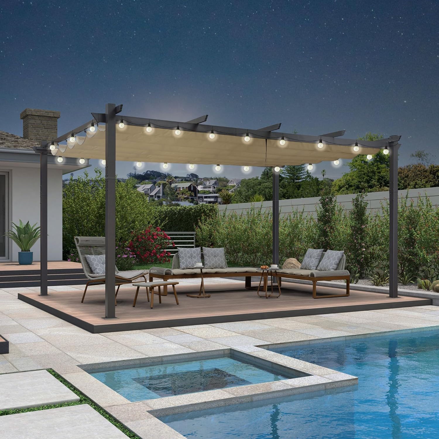 etevert - pergola aluminium série LED - 4,8x3,5 m - toit rétractable, structure résistante, kaki