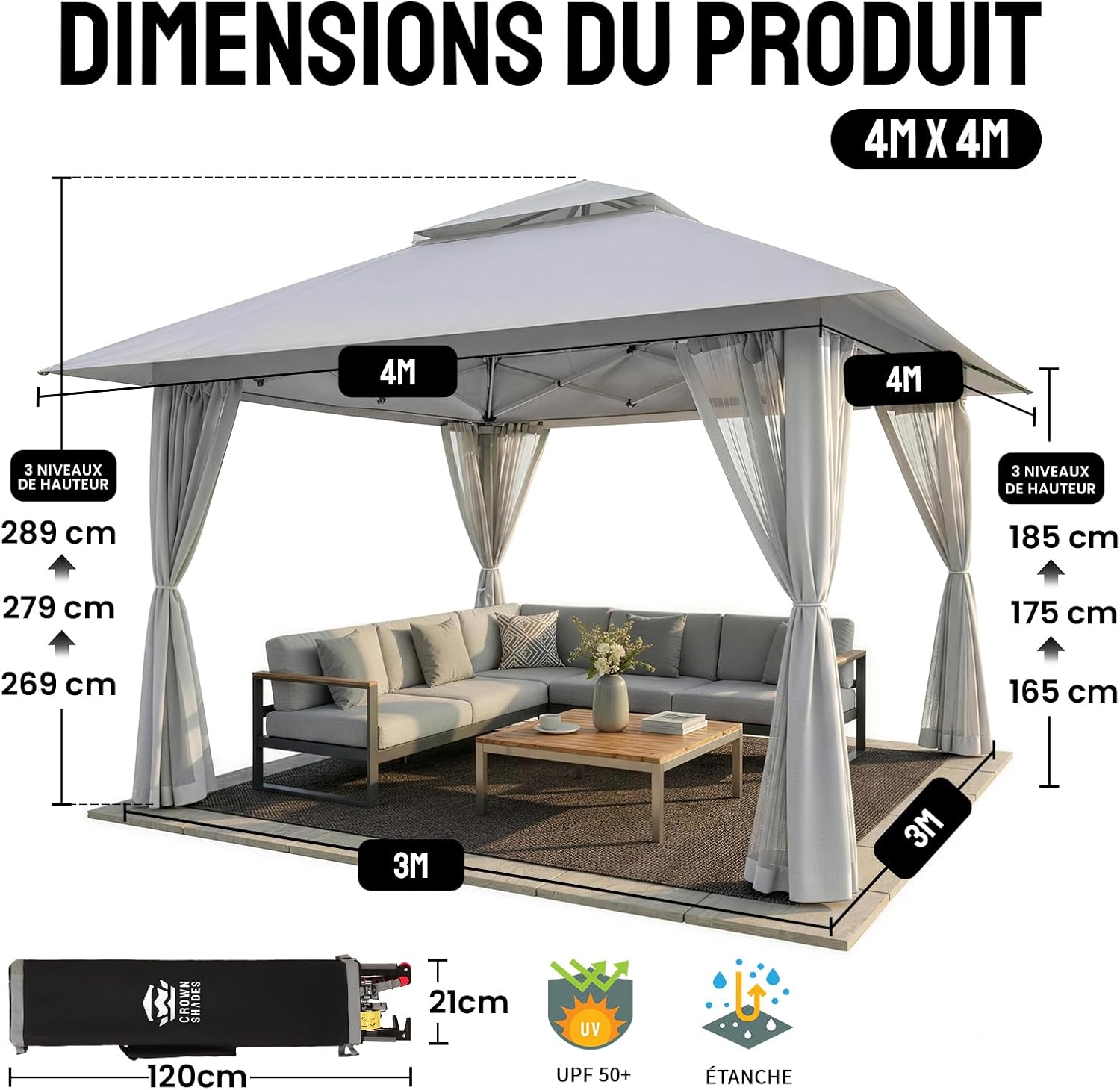 etevert - tonnelle jardin pop up - 4x4 m - double toit, côtés maille, hauteur réglable