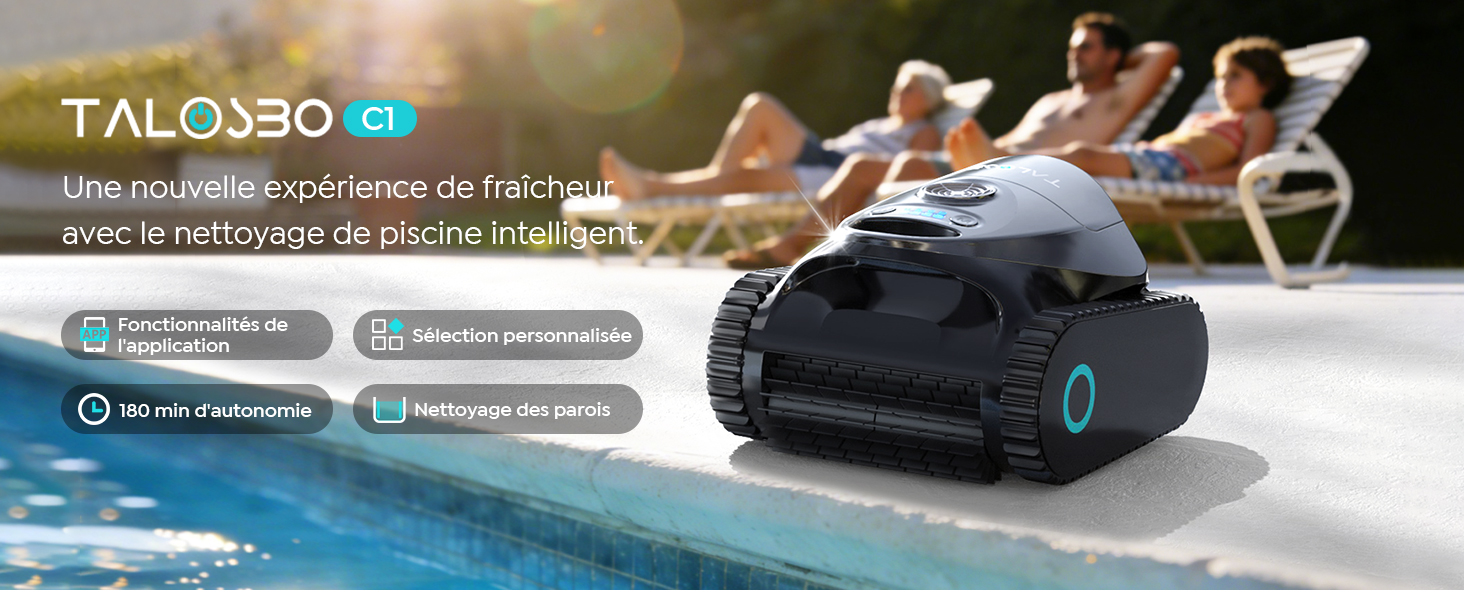 Le texte indique « etevert C1 ». Vues multiples du robot nettoyeur de piscine noir avec démonstrations des caractéristiques techniques et affichage de l'interface.