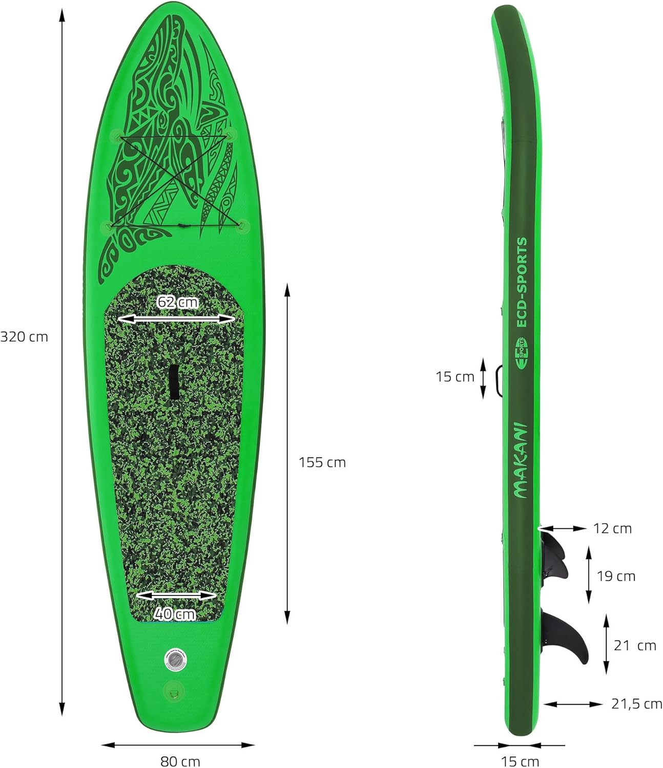 etevert - planche stand up paddle - 305/308/320/380 cm - PVC, jusqu'à 150 kg, 10/15 cm d'épaisseur