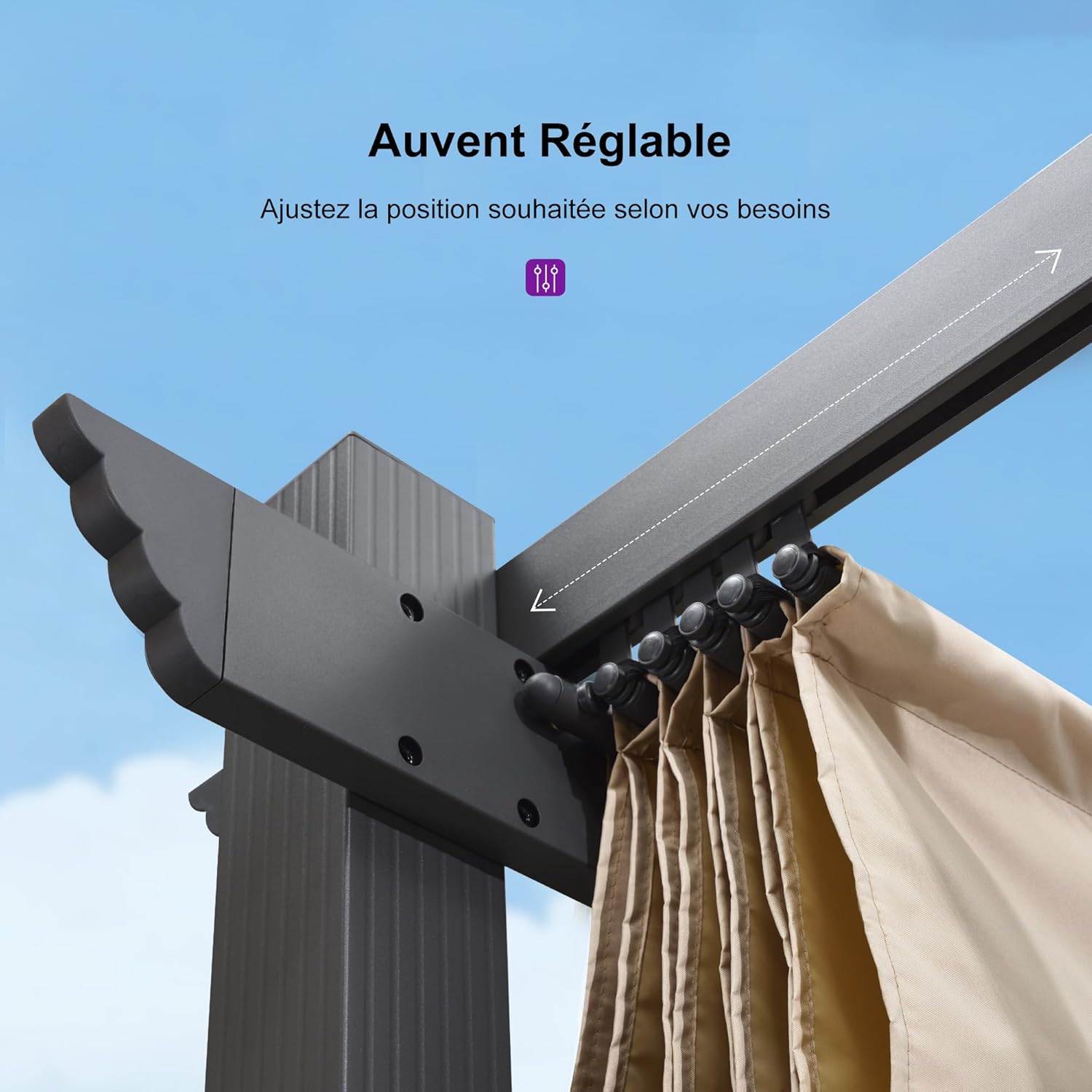 etevert - Pergola Aluminium - 4x3m - Toit coulissant, tissu kaki