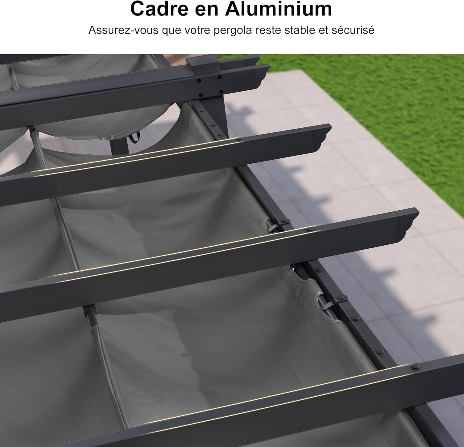 etevert - Pergola Aluminium - 5,5 x 3,5 m - Toit coulissant, tissu teint en fil, gris