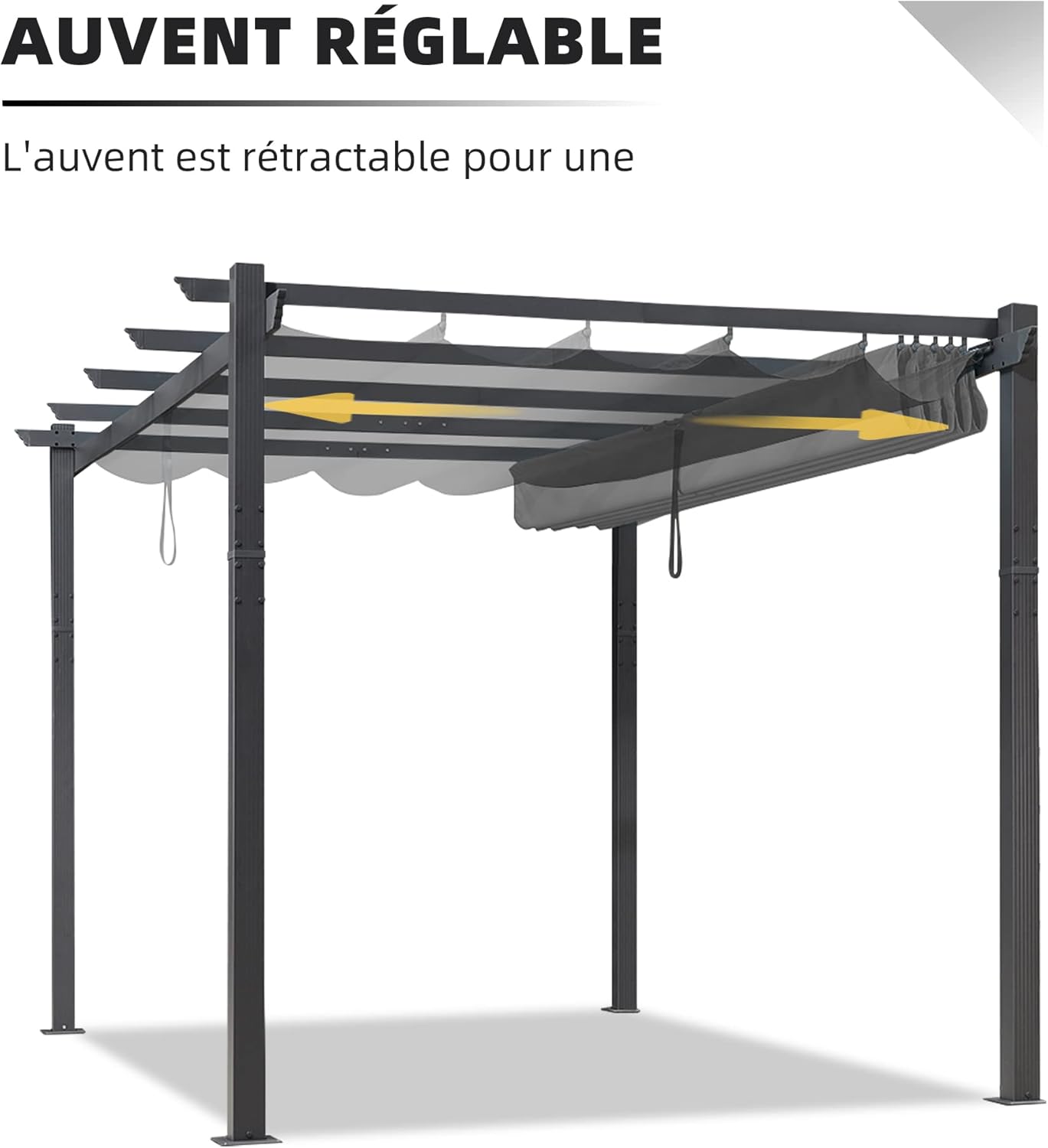 etevert - pergola aluminium - 3,65x3m - toit rétractable LED, tissu gris