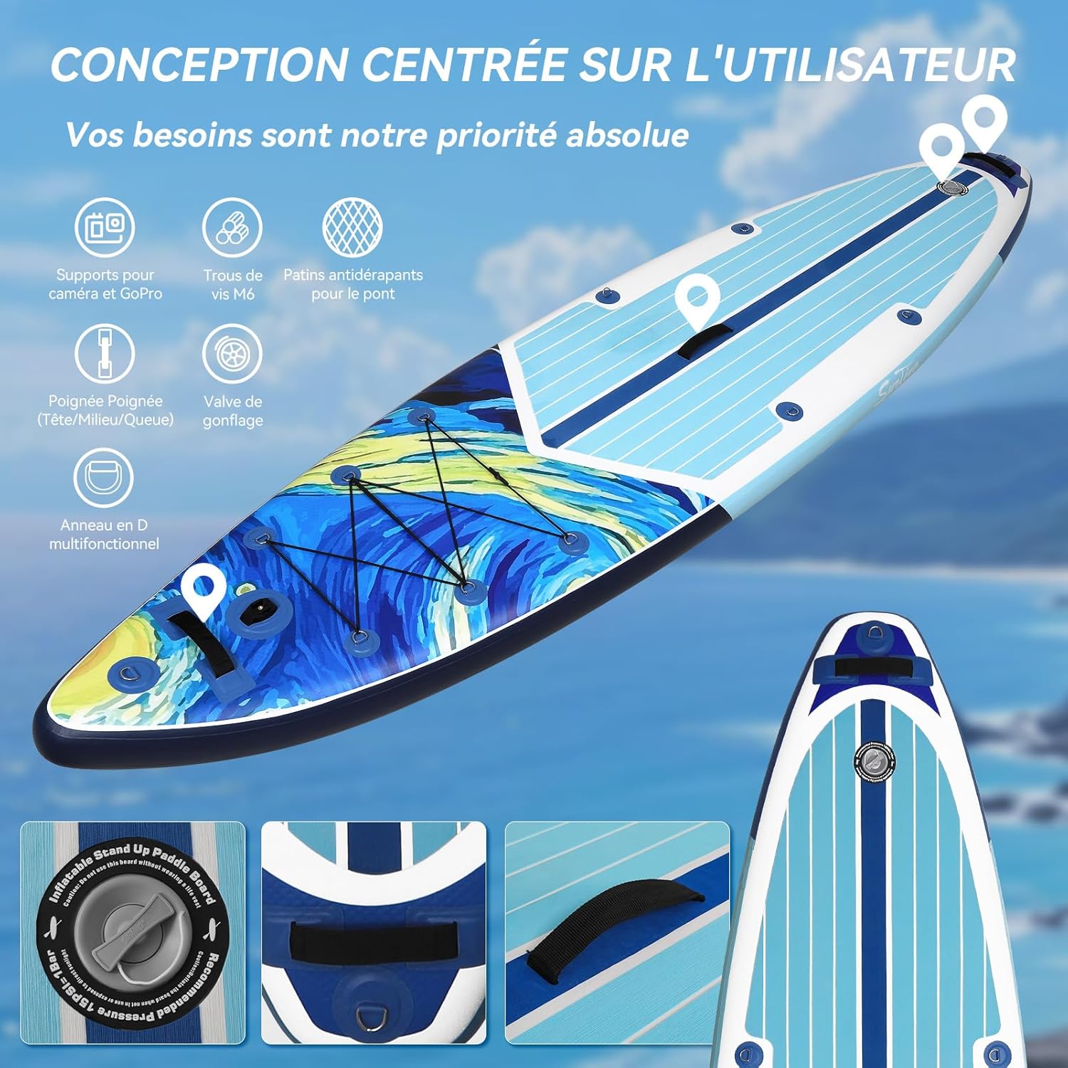 etevert - Paddle gonflable adulte 320/335cm - 2 personnes, siège kayak, pagaie, support caméra, 150kg