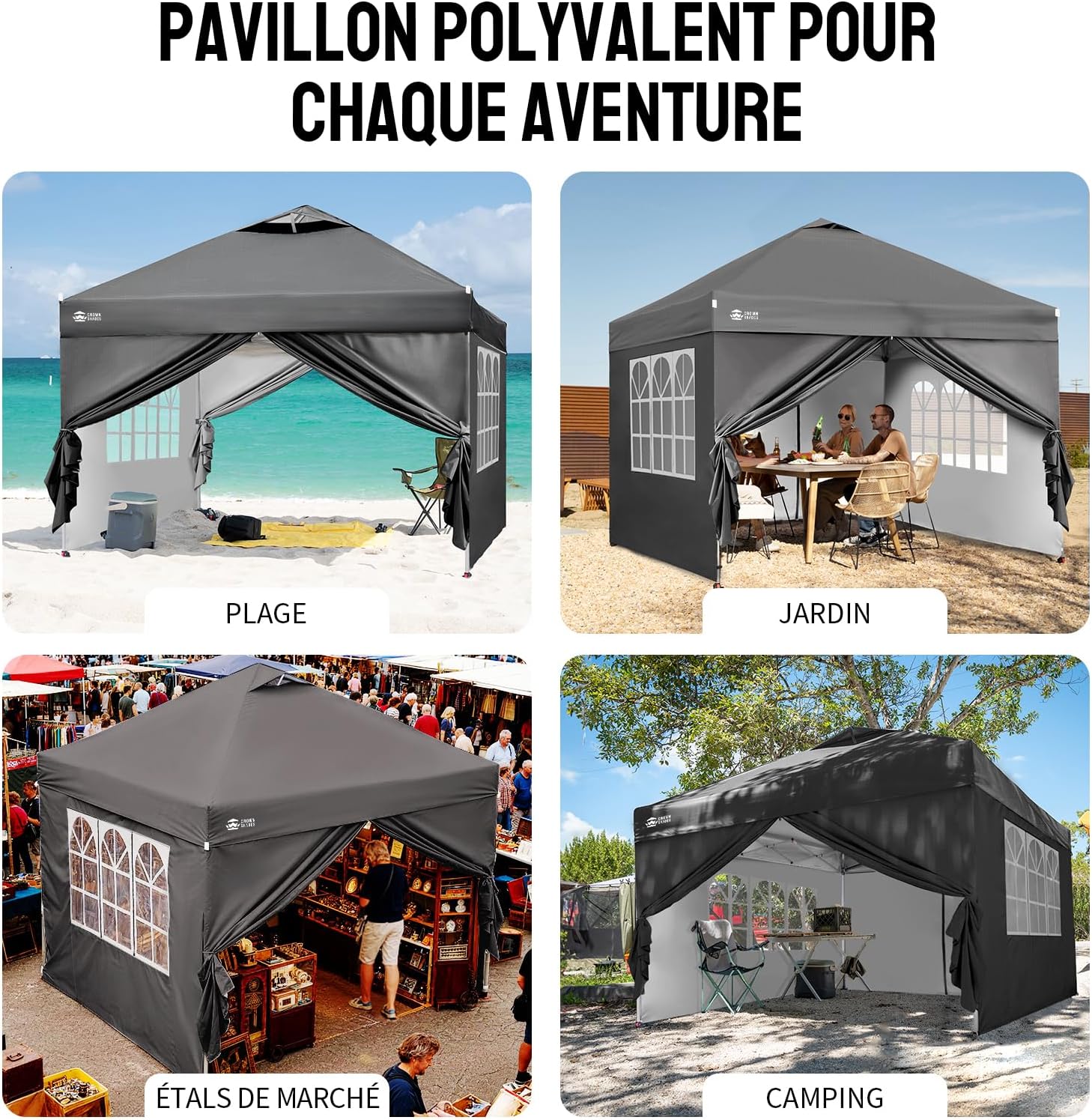 etevert Tonnelle Pliante 3x3 Imperméable, Barnum Pliant de Jardin Exterieur, Pop-Up Gazebo avec Sac de Rangement, UPF 50+, avec 4 Parois Latérales Amovible, 4 Sac de Sable, Gris