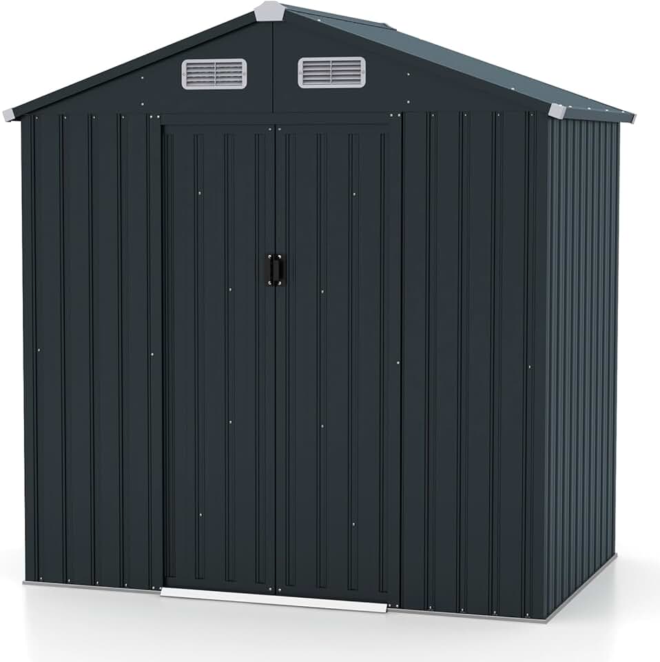 etevert 2,16m² Abri de Jardin 4,26m³, Abri à Outils avec Toit Incliné, Portes Coulissantes, Aérations, Résistant aux Intempéries, Cadre en Acier Galvanisé Antirouille, pour Jardin, Arrière-Cour