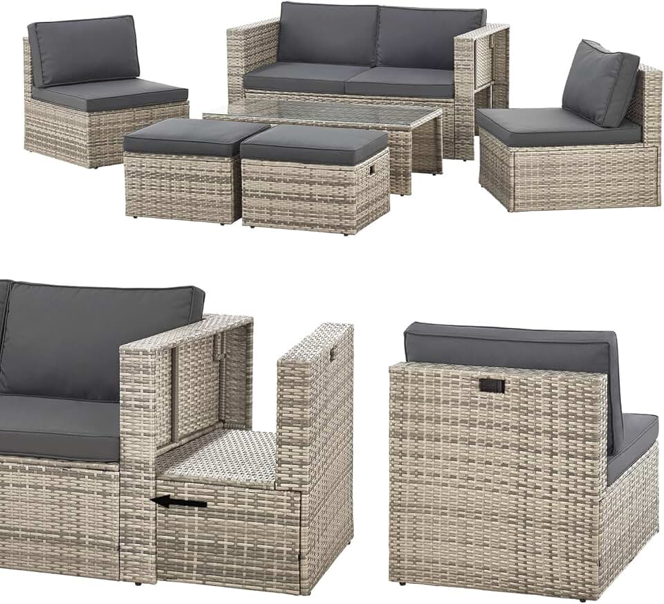 etevert - Salon de jardin Salou - 6 places, polyrotin, table, coussins, résistant intempéries, gris