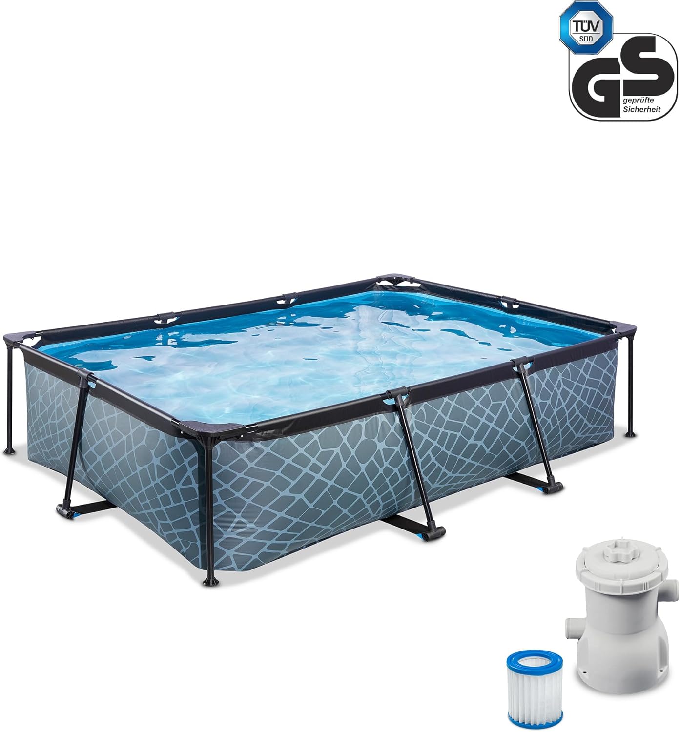 etevert Piscine Stone - 300x200x65cm - Piscine Hors Sol Rectangulaire avec Pompe Filtrante à Cartouche - Entrée Basse - Idéal pour Les Jeunes Enfants - Cadre Stable - Design Unique - Gris