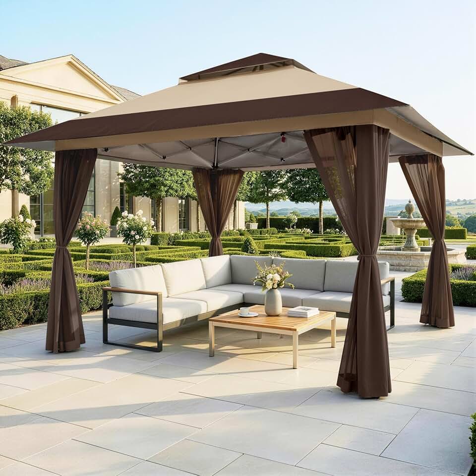 etevert Tonnelle de Jardin 4 x 4 m, Pop Up Gezebo Exterieur Imperméable, Abri de Jardin Réglable en Hauteur, Double Toit avec Côtés en Maille Zippée, Sac de Transport, Beige