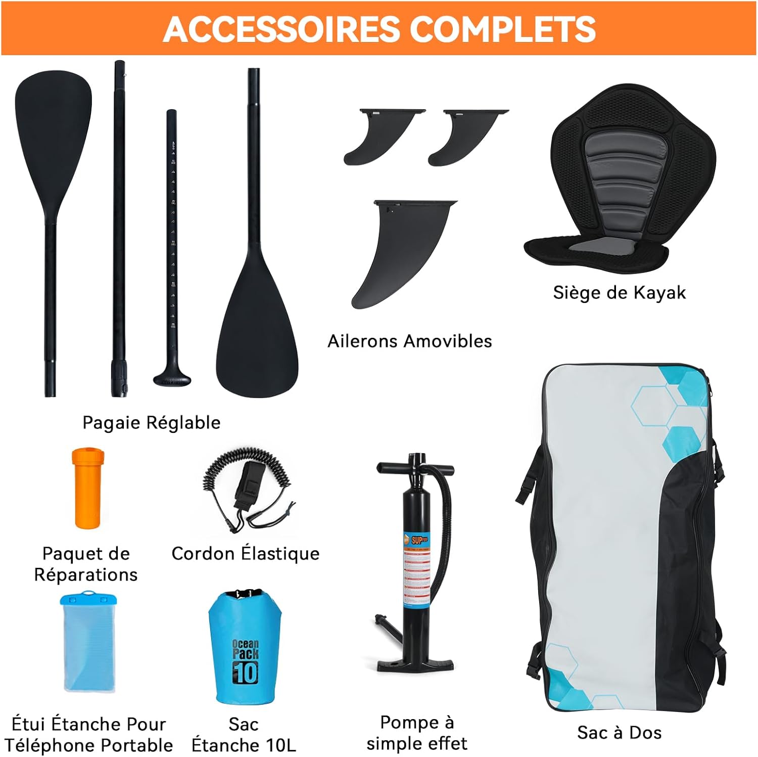 etevert - Paddle gonflable adulte - 320/335cm - 2 personnes, siège kayak, pagaie alu, caméra, pompe, 150kg
