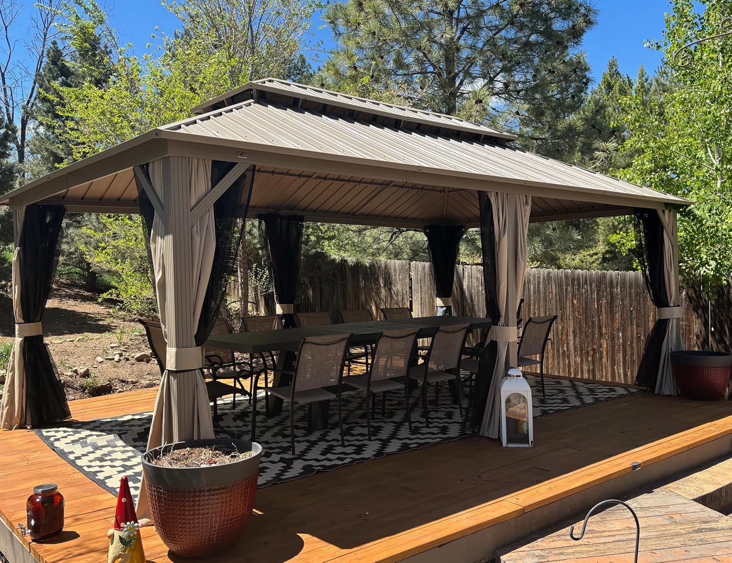 etevert - Pergola série Champagne - 6 x 3,65 m - aluminium, toit acier, moustiquaire et rideaux