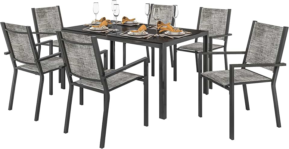 etevert - Salon de jardin 7 pièces - 150 cm - acier, 6 chaises empilables
