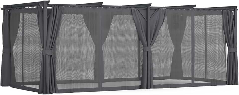 etevert - Pergola intégrale moustiquaire, toit rétractable 3x6m, 6 rideaux gris
