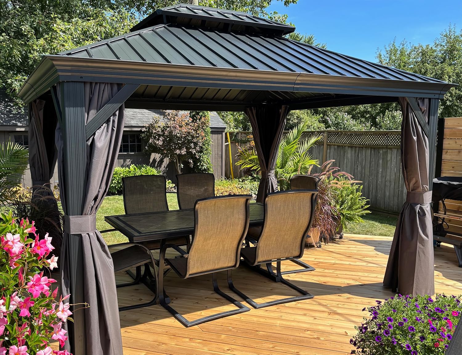 etevert - tonnelle jardin série toit rigide - 3,65x3m - acier galvanisé, gouttière, rideaux épais