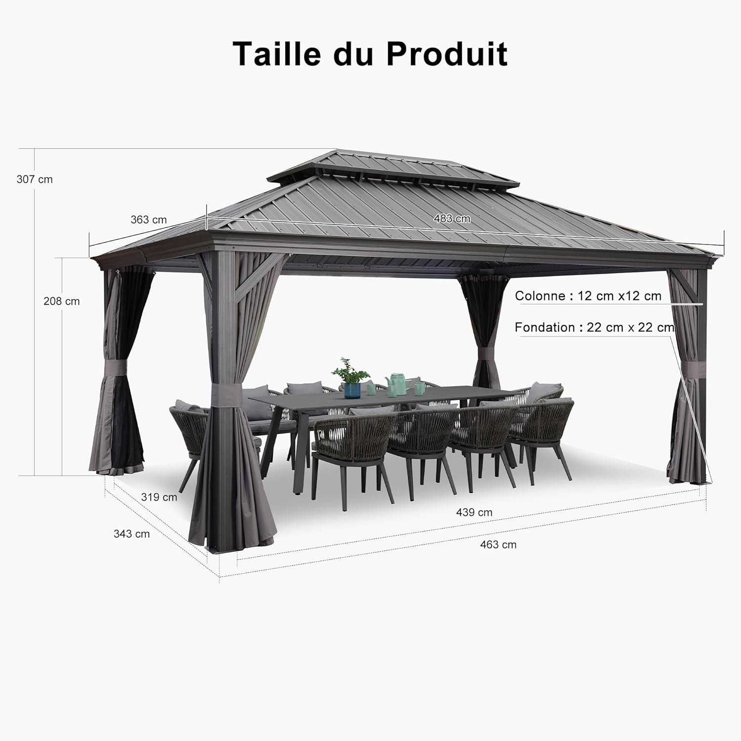 etevert - tonnelle aluminium série - 4,85x3,65m - éclairage intégré, rideaux moustiquaires, gouttière, gris