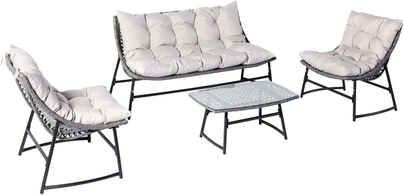 etevert - Guahana - salon bas 4 places, acier, rotin, coussins épais