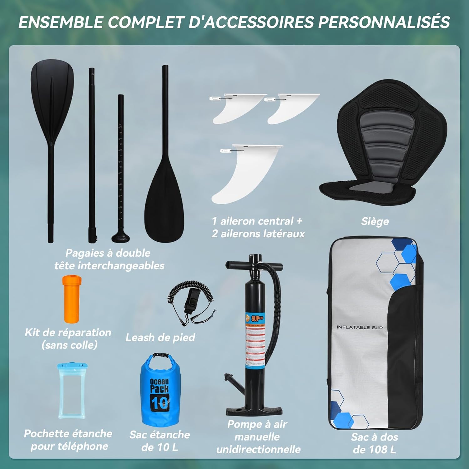 etevert - paddle gonflable adulte - 320/335cm - 2 places, siège kayak, pagaie alu, support caméra, pompe, 150 kg