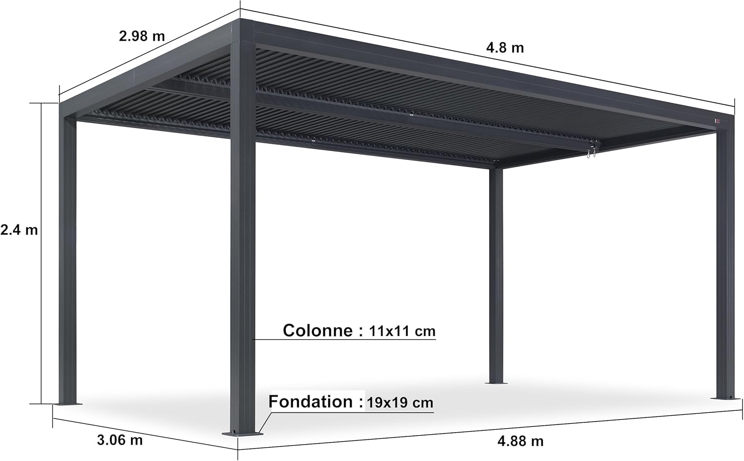 etevert - Pergola bioclimatique - 4,8x3 m - stores enrouleurs, lames orientables, gris