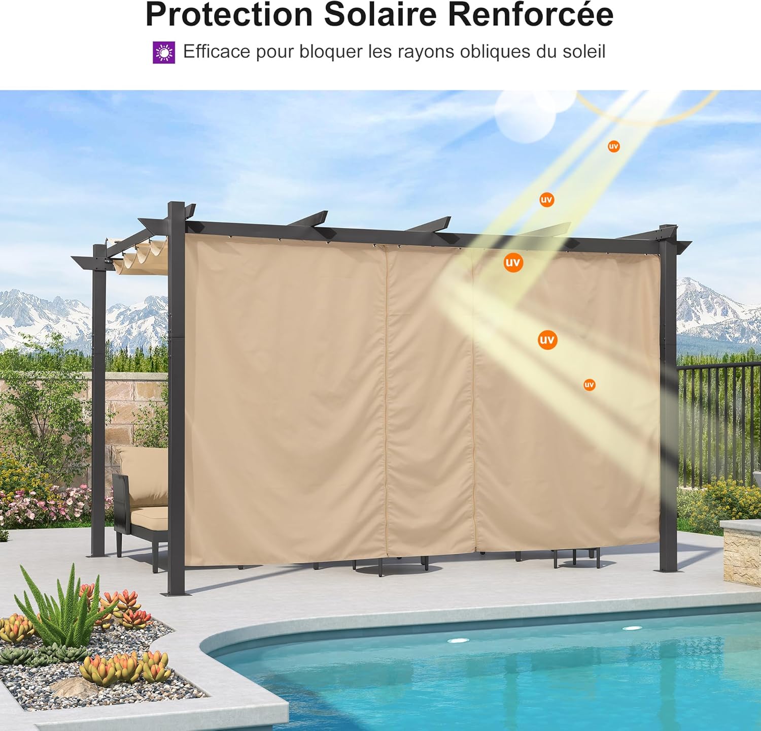 etevert - pergola aluminium - 4x3m - rideau, toit rétractable, kaki