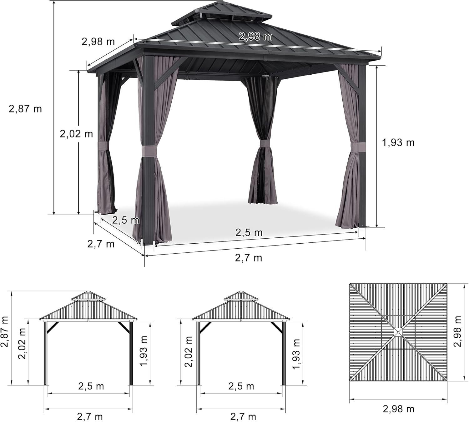 etevert - Tonnelle de jardin alu 3x3 m toit double, rideaux, gris