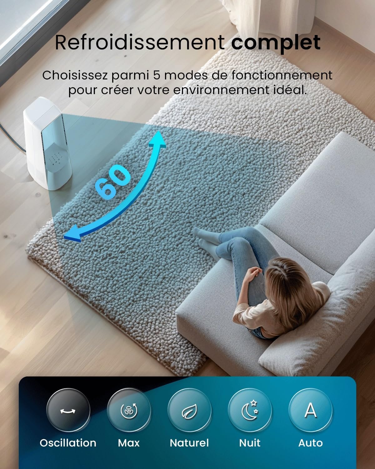 etevert - Ventilateur Tour WiFi Intelligent 101cm - Silencieux, LED, télécommande, 6 vitesses, oscillation