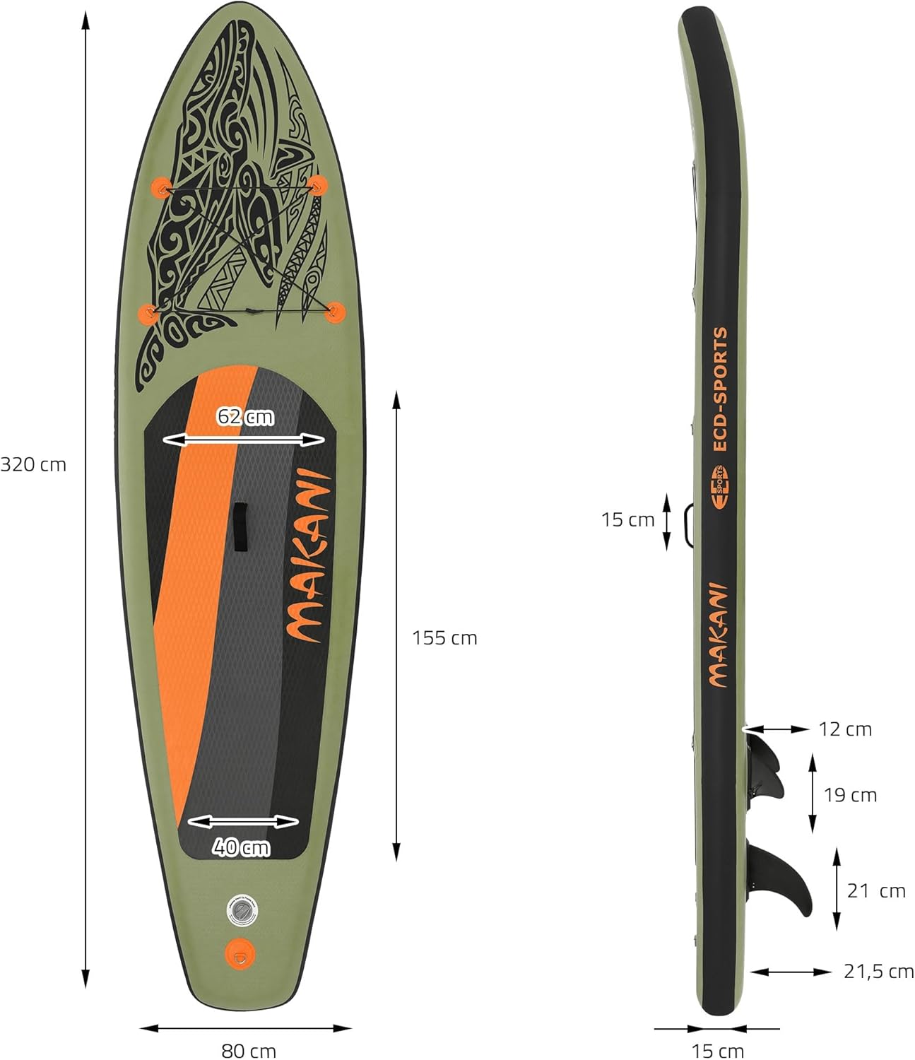 etevert - Stand Up Paddle Série - 305/308/320/380 cm - PVC, 120/150 kg, épaisseur 10/15 cm, sac, pompe