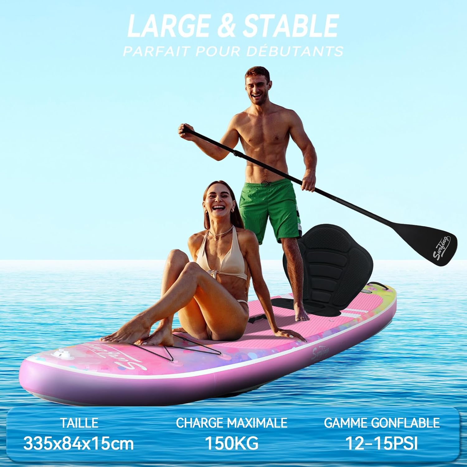 etevert - Paddle gonflable 320/335cm - 2 pers, siège kayak, 150kg
