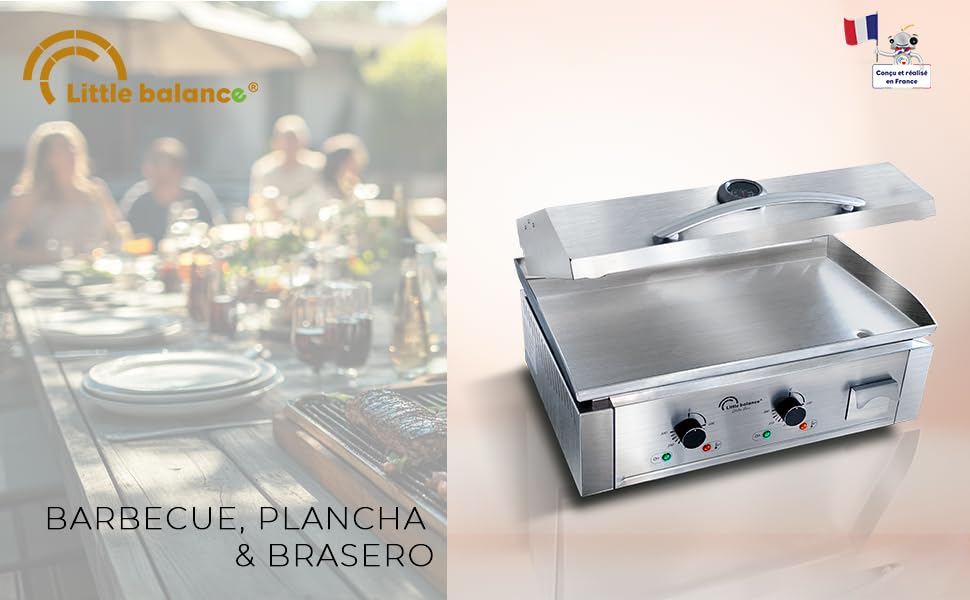 Le texte indique « etevert » et « BARBECUE, PLANCHA & etevert ». Cuisinière commerciale en acier inoxydable avec deux brûleurs sur fond de table.